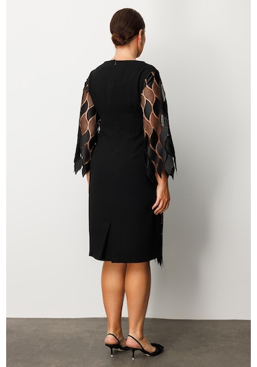 Moda İlgi Kadın Büyük Beden Ön Kısım Güpür Dantelli Elbise 0006 Siyah Siyah