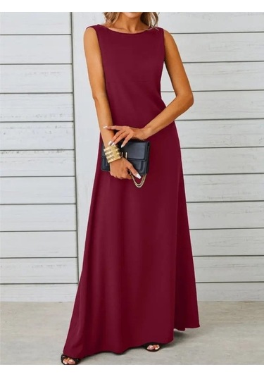 Ahes Shopping Kadın Kolsuz Kayık Yaka Maksi Janjan Krep Elbise Kırmızı