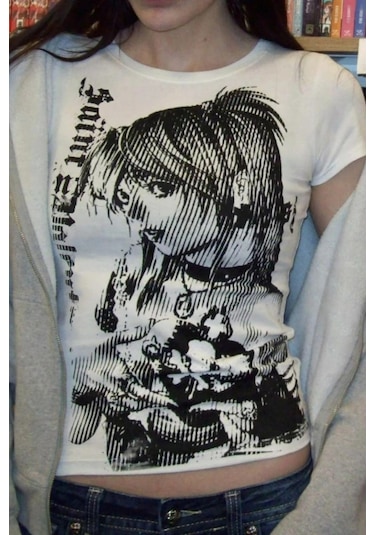 Beyaz Vintage Anime Misa Amane Saint Gotik Y2k Kısa Kollu Crop-17774 Beyaz