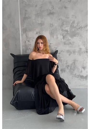 Kadın Astarlı Piliseli Şifon Elbise Dpk2099 Siyah