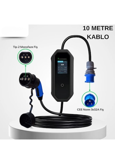 7 KW 32A Türkçe Menü 10 M Elektrikli Araç Şarj İstasyonu Taşınabilir