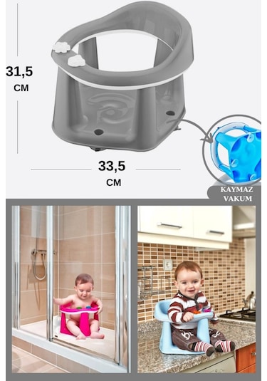 Flosoft Vakumlu Bebek Banyo & Mama Oturağı + Silicolife 2 Adet Silikon Mama Kaşığı Hediye Gri