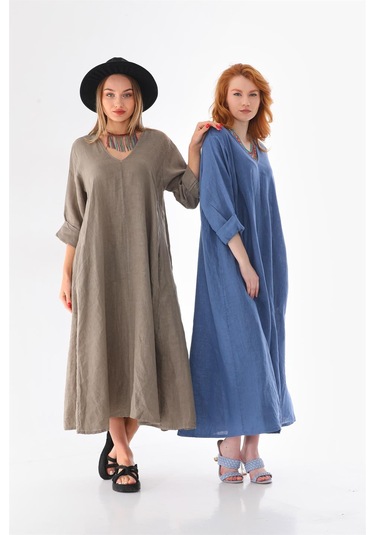 İtalyan V Yaka Uzun Kol Keten Elbise-8907 Petrol Mavisi