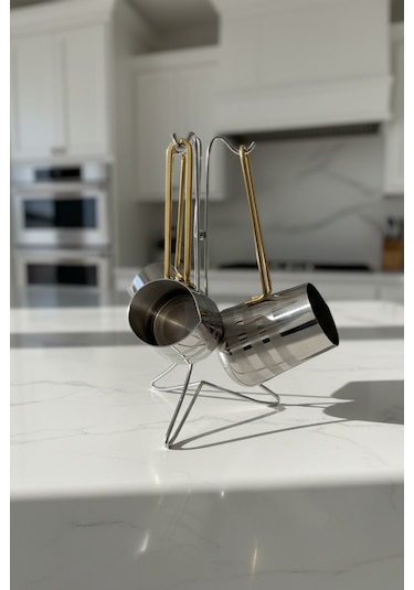 Paslanmaz Çelik Gold Kulp Detaylı Desenli Cezve Takımı Standlı