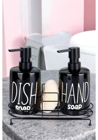 Morponi 2'li Metal Standlı Süngerli Sabunluk Seti - Mutfak Sıvı Sabun Bulaşık Deterjanı Şişesi 400ml - Siyah Siyah