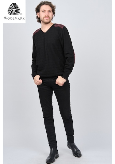 Desen Triko Erkek V Yaka Saf Yün Kazak 0246538 Siyah Siyah