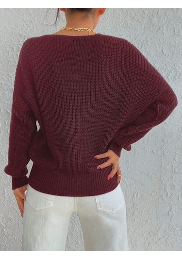 Defymoda Kadın Uzun Kollu Üç Düğmeli Triko Hırka Bordo