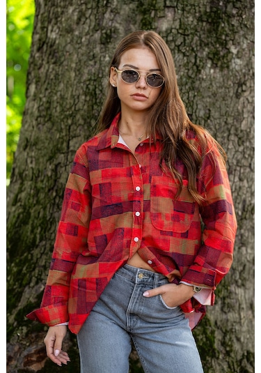 Verdeblanco Çizgili Kareli Dijital Baskı Uzun Kollu Gömlek Kırmızı-yeşil Kırmızı - Yeşil