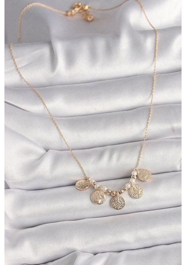 Pirinç Gold Renk 5'li Osmanlı Tuğra Figür İnci Detay Kadın Kolye Çok Renkli