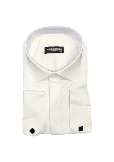 Erkek Klasik Gömlek Pamuklu Esnek Kumaş,slim Fit Uzun Kollu, Fransız Manşetli Plus Scorpion Beyaz
