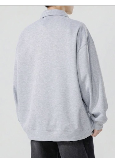 Harmandar Gri Erkek Korece Baskılı Dik Yaka Yarım Fermuarlı Kazak Sweatshirt Korecegridikyaka