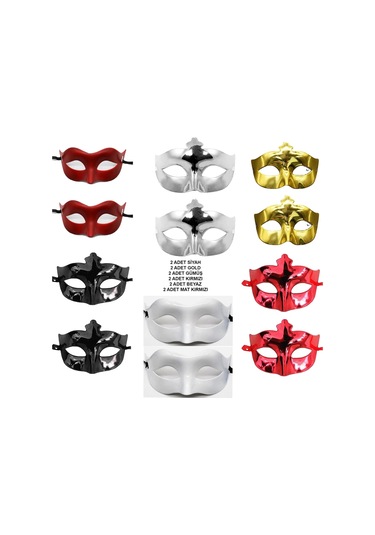 12 Li Renkli Parti Maskesi Seti Siyah, Gold, Gümüş, Kırmızı, Beyaz, Mat Kırmızı Renkli
