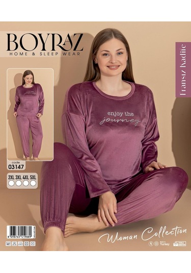 Boyraz Kadın Kışlık Fransız Kadife Büyük Beden Bisiklet Yaka Uzun Kol Pijama Takımı 03147 - 1 Adet Gülkurusu