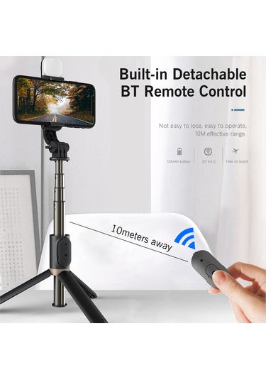 Kangvka Alüminyum Tripod Selfie Stick, Kablosuz Bluetooth, Işıklı 3000k-6500k , 5 Bölmeli Genişletilebilir, Dahili Kumanda, Taşınabilir Telefon Tutucu