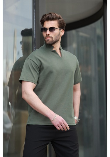 Madmext Haki Polo Yaka Erkek Basic T-shirt E7145 Haki