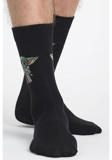 Erkek Pamuklu Özel Desenli Dikişsiz Yumuşak Dokulu Terletmez Rahat Esnek Soket Çorap Siyah-yoda