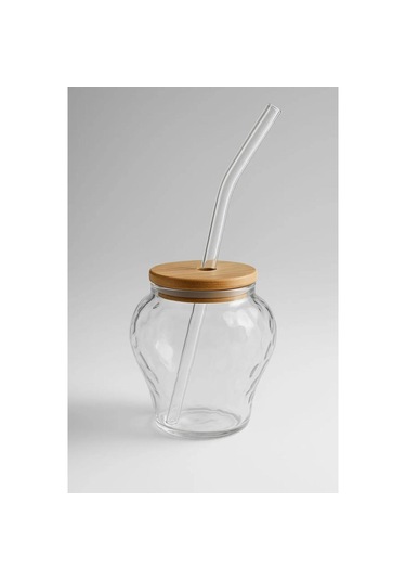 Çilek Model Borosilikat Cam Bardak, Bambu Kapaklı, 400 Ml, Pipet Hediyeli Şeffaf
