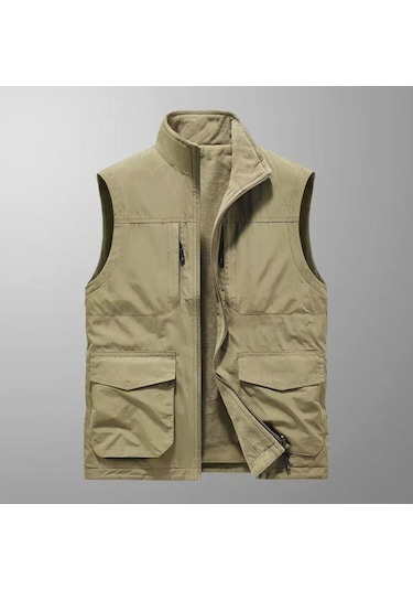 Snapbuy Kışlık Çift Taraflı, Çok Cepli, Bol Kesimli, Kalın Peluşlu Erkek Yeleği Bej