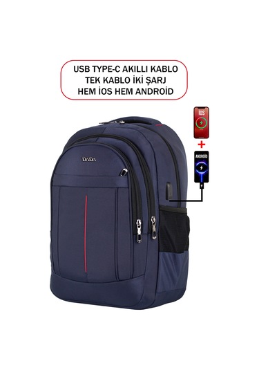 Dada 01 Lacivert Laptop Sırt Çantası 15,6 İnç Usb Type-c Şarj Aparatı Darbe Emici Koruma