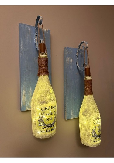 Tıpa Peri Led Işıklı Mavi Eskitme Ahşap Buzlu Cam Şampanya Şişesi Çok Renkli