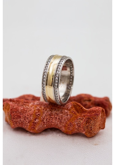 Rodyumlu Ortası Altın Renkli Bayan Gümüş Alyans -6651