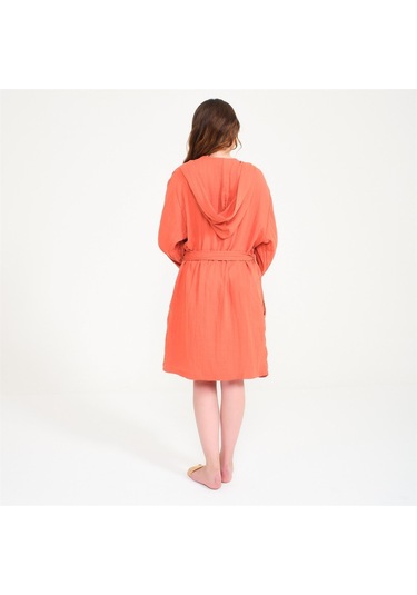 Ördek Nakışlı Kısa Kapüşonlu Müslin Kadın Bornoz-Kiremit