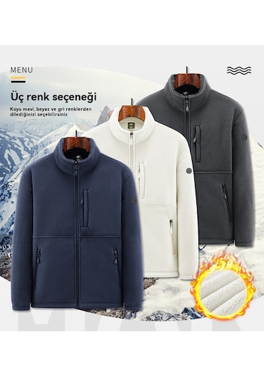 Çok Cepli, Kalınlaştırılmış Polar Astarlı, Açık Hava Spor Giyim, Polar Giyim Erkek Kışlık Polar Ceket Gri