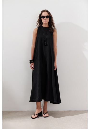 Keten Büzgülü Geniş Elbise Siyah Siyah