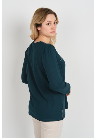 Detay Triko Kadın Süs Cepli Toka Detaylı Uzun Kol Anne Bluz 5717 Zümrüt Zümrüt