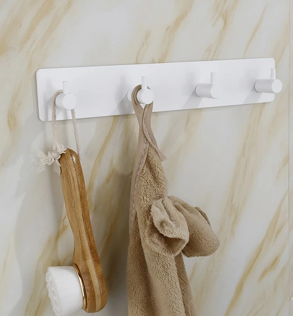 Askılık Yapışkanlı Dikdörtgen Çubuklu 4 Kancalı Beyaz Beyaz