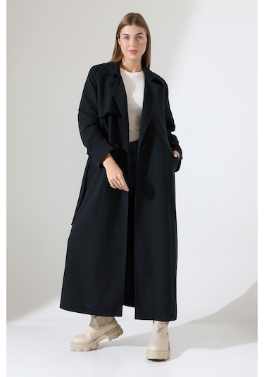 Amazon Keten Kumaş Uzun Boy Düğmeli Astarlı Yumuşak Dokulu Trenç Kot Siyah Siyah