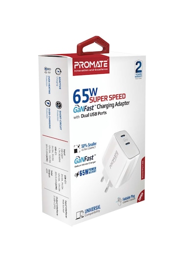 Promate PowerPort-65 GaNFast 65W Type-C PD Şarj Cihazı Beyaz