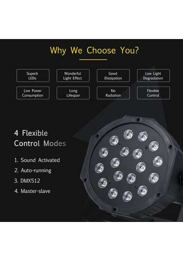 Yaozixa 18w 18 Led Rgb Mini Paryaj Işığı - Ses Kontrollü, Otomatik, Dmx512 Ve Ana-uyruk Modları, Aydınlatma Seviyesi Ayarlanabilir, Taşınabilir, Küçük Avrupa Standartı Diğer