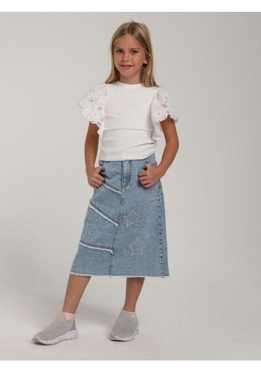 Kız Çocuk Pamuklu Kolsuz Kolları Güpür Bedeni Taşlı Bluz-15601 Beyaz