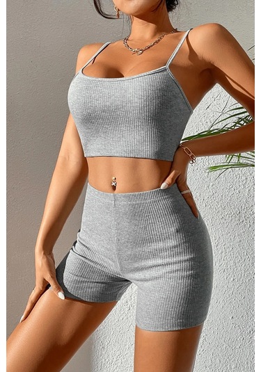 Kadın Gri Melanj Şortlu Kaşkorse Gecelik Takım Çok Renkli