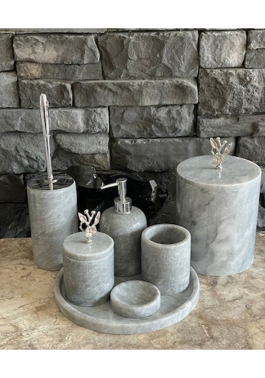 Gri Polen Stone Mermer Japon Gülü Gümüş Aksesuarlı 7'li Banyo Seti Beyaz