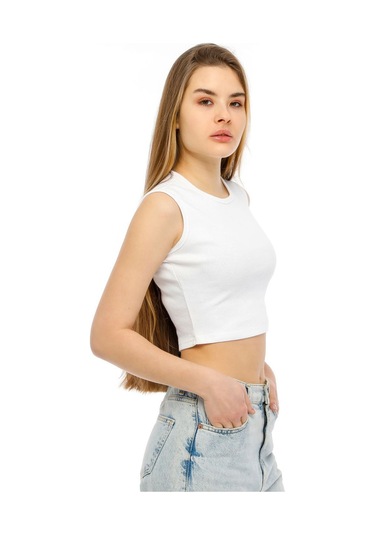 Bella Dossi Rahat Beyaz Kaşkorse Kolsuz Sıfır Yaka Kadın Crop Top Beyaz
