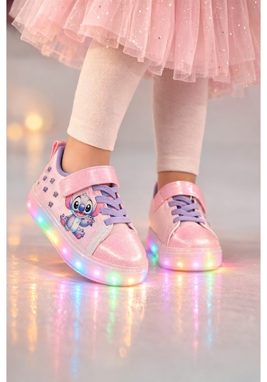 Minibonito Kız Çocuk Desenli Işıklı Led Tabanlı Simli Cırt Cırtlı Sneaker Pembe