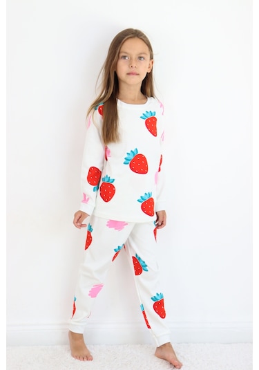 Kız Çocuk Orta Kalınlıkta Basic Baskılı Pijama Takımı Beyaz