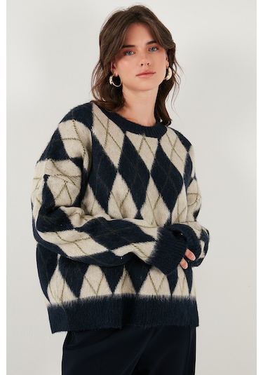 Lela Oversize Fit Bisiklet Yaka Baklava Desenli Yumuşak Dokulu Bayan Kazak 4616223 Lacivert