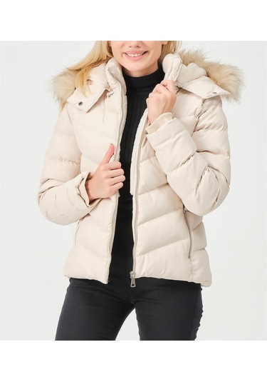 Kadın Bej Çıkarılabilir Kürklü Kapüşonlu Su Geçirmez İçi Kürklü A