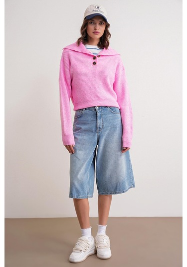 6900 Kadın Düğmeli Devrik Yaka Triko Kazak Pembe Pembe