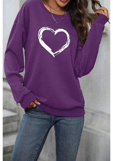 Modagen Kadın Mor Kalp Baskılı Bisiklet Yaka Sweatshırt Mor