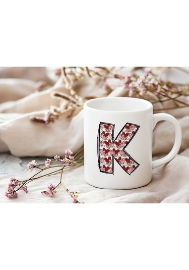 K Harfi Aşk Temalı Kupa - Kalp Desenli Kişiye Özel Romantik Sevgililer Günü Kahve Kupası Beyaz