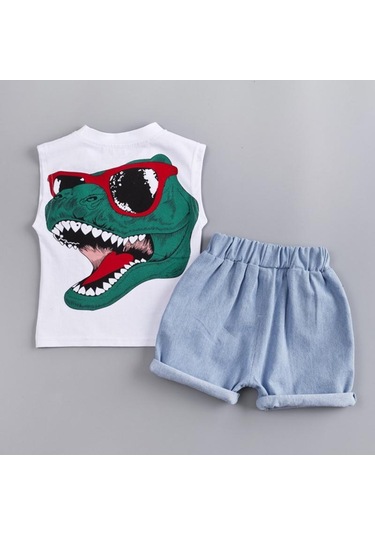 Siyah Yaz Erkek Bebek Kız Rahat Kolsuz Mektup Dinozor Baskı Yelek Üstleri + Şort Takım Elbise Kostüm Seti Siyah