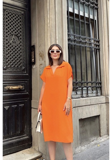 Turuncu Kısa Kol, Polo Yaka, Dokulu Kumaş, Basic Kalıp/kesim, Aerobin Rahat Midi Elbise Turuncu