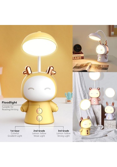 Sarı Karikatür Usb Şarj Edilebilir Masa Lambası Çift Işıklı Led Lamba Öğrenci Çocuk Odası Okuma Masası Lambası Gece Lambası