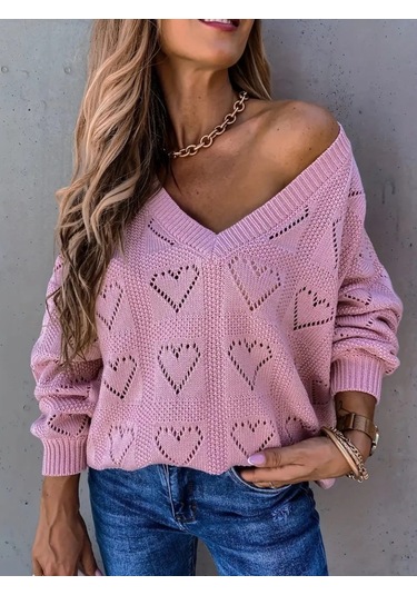 Pazarella Kadın Uzun Kollu V Yakalı Kalpli Salaş Triko Bluz Pembe