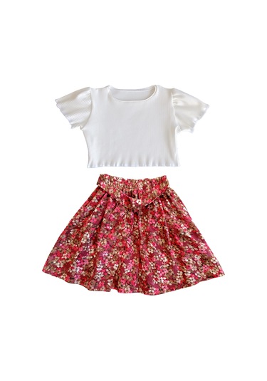 Çocuk Etekli Crop Takım, Çiçekli Etek - Ekru Crop Ekru-çiçekli2 Ekru