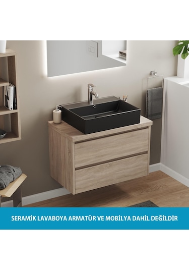 Aqua Bagno Plan Tezgah Üstü Kare Lavabo 55 x 45 CM Mat Siyah